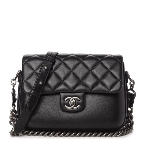 chanel calfskin quilted medium rock my shoulder flap black|Chanel metal flap bag.